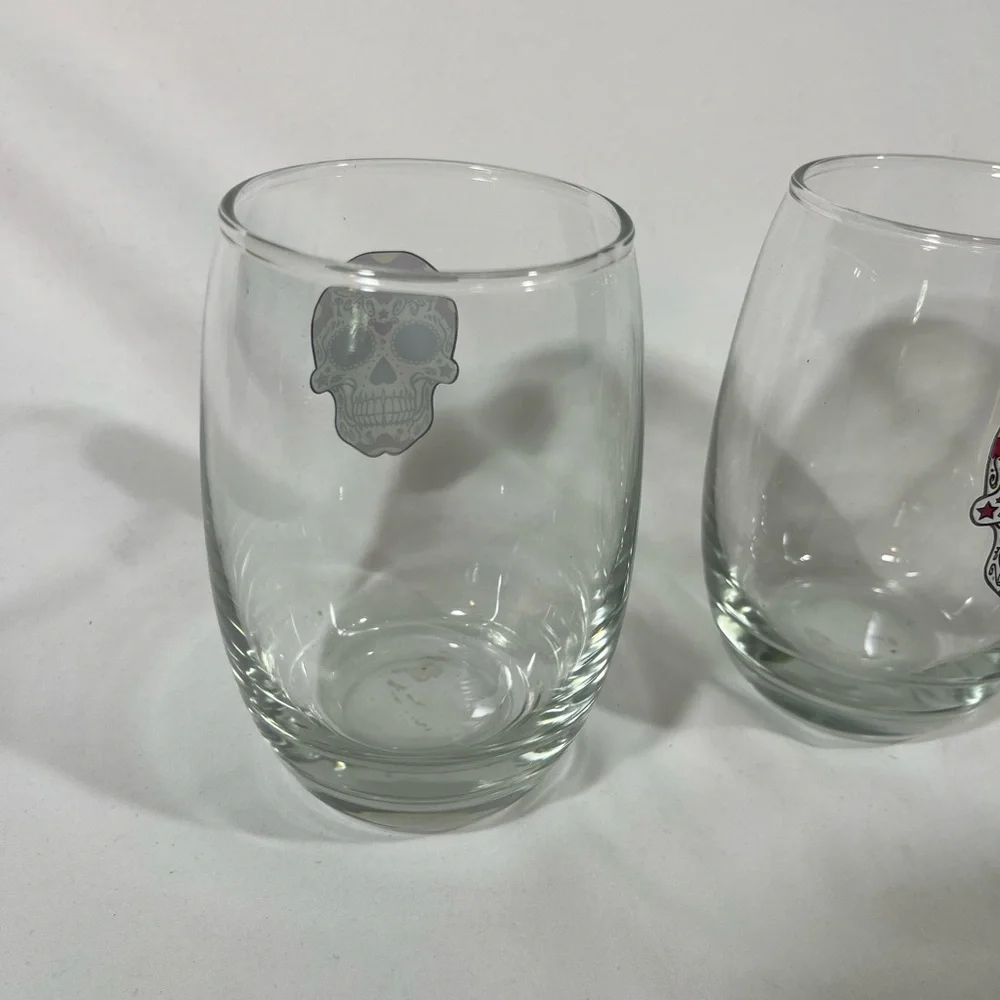 SUGAR SKULL DAY OF THE DEAD HALLOWEEN STEMLESS WINE GLASSES 5”‎ SET OF 4 PREOWN